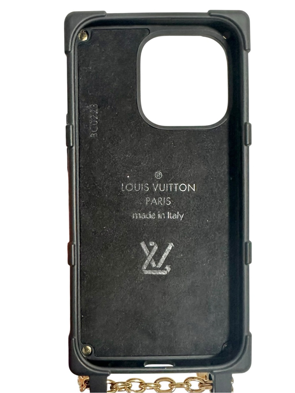 Louis Vuitton Black Matte Embossed Monogram Trunk iPhone 14 Pro Case Gold Chain - Picture 3 of 16